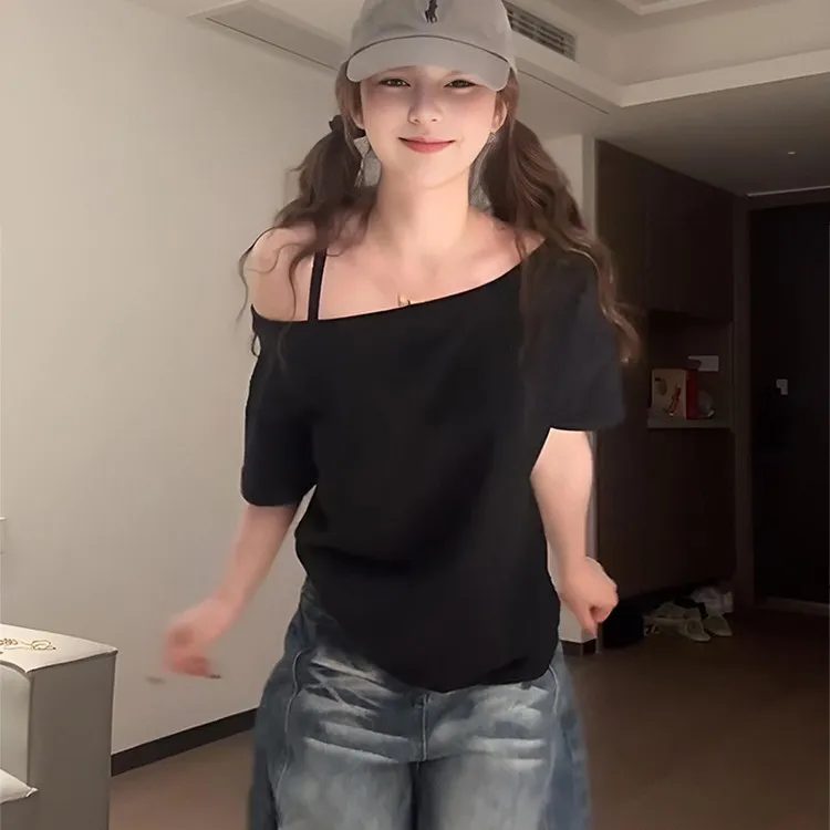短袖辣妹风斜领慵懒风修身型T恤韩版夏装气质露肩