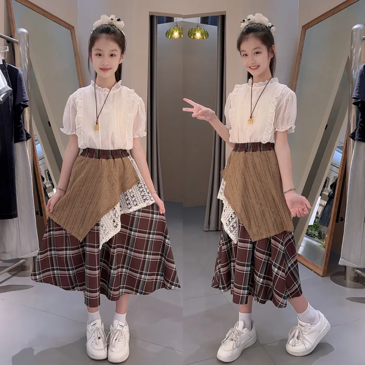 女大童格子半身裙夏季2025新款儿童夏装女孩泡泡袖上衣裙子两件套