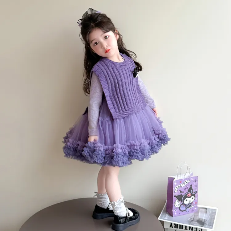 2025新款儿童套装洋气针织甜美连衣裙蓬蓬裙百褶裙纱裙女童韩系秋