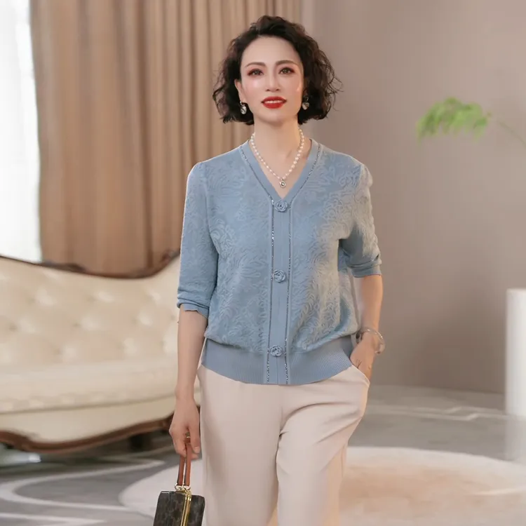 中年妈妈春秋立体花朵装饰针织衫2025新款洋气中老年女装宽松上衣