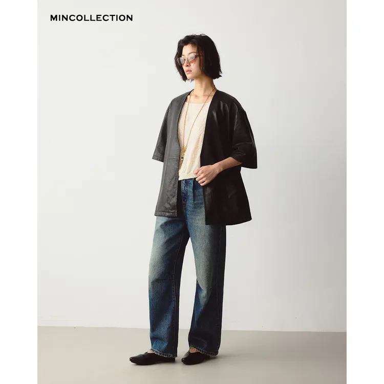 DE MincollectionV领短皮衣/真皮复古编织条绵羊皮短袖皮衣83133