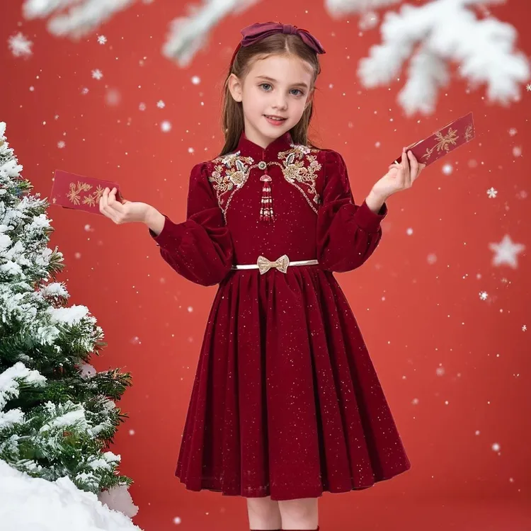 红色新年服女童秋冬连衣裙新款中大童生日演出服小女孩国风公主裙