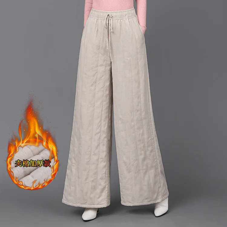 2025秋冬季新款砂洗夹棉复古休闲阔腿裤女文艺百搭夹棉直筒裤棉裤