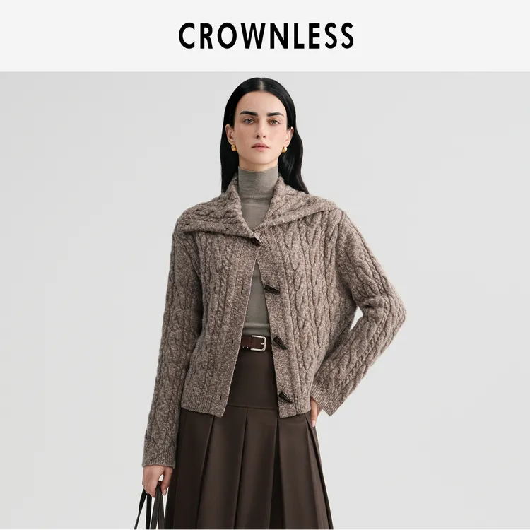 CROWNLESS未冕25秋冬新品复古纯羊毛堆堆领/翻领老钱绞花开衫毛衣