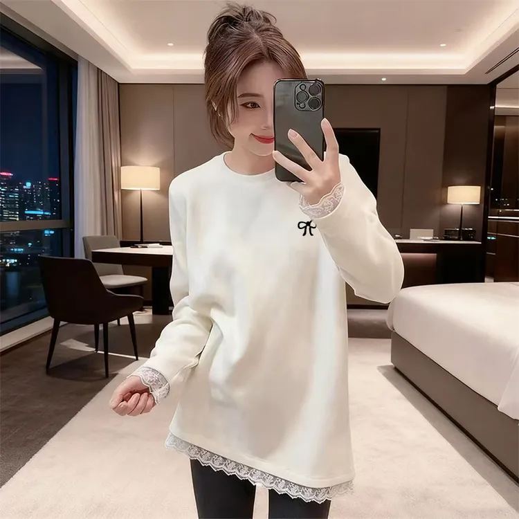 圆领德绒蕾丝拼接T恤女春秋季新款中长款时尚打底衫上衣长袖内搭