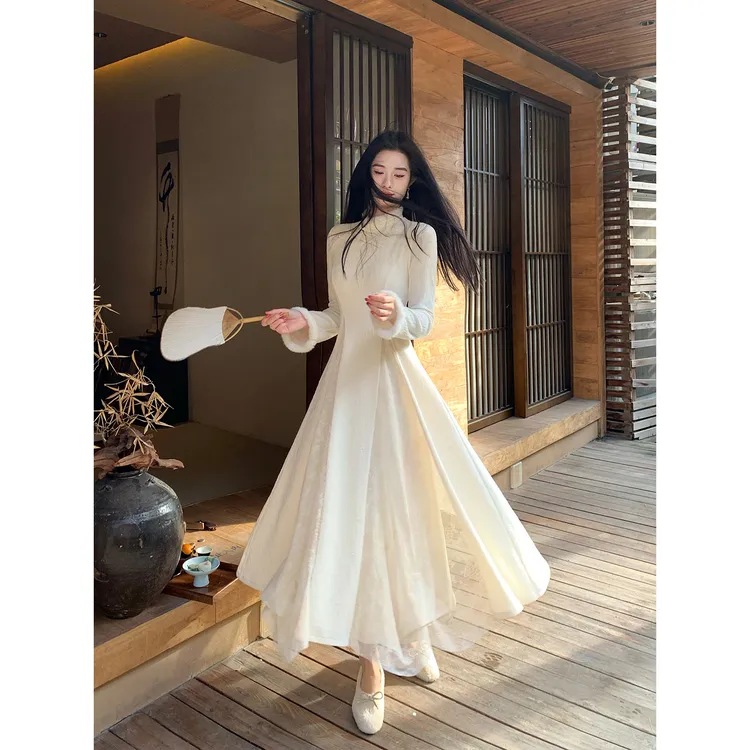 凌茜恣禾【云叙】国风新中式袖口毛拼接连衣裙气质复古改良旗袍裙女
