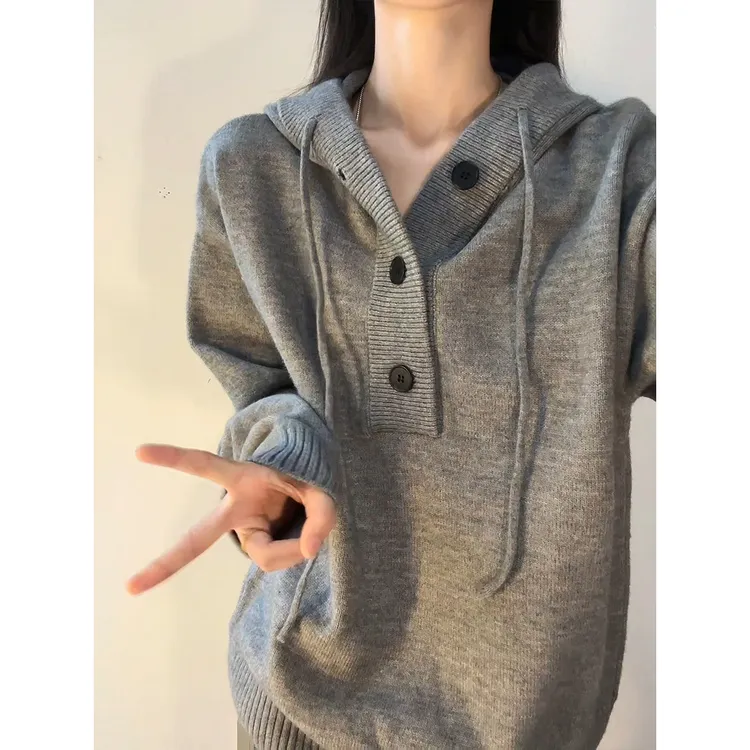 美式半开衫连帽毛衣男秋春季慵懒松弛感情侣针织衫高级感软糯外套