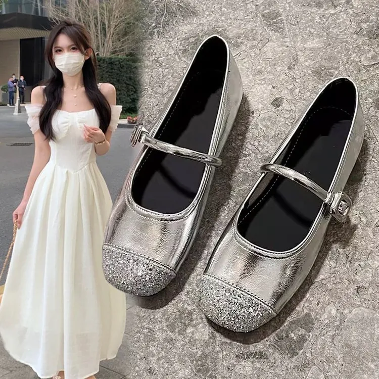 夏季一字带复古法式平底单鞋爆款银色软底浅口玛丽珍鞋女2025新款