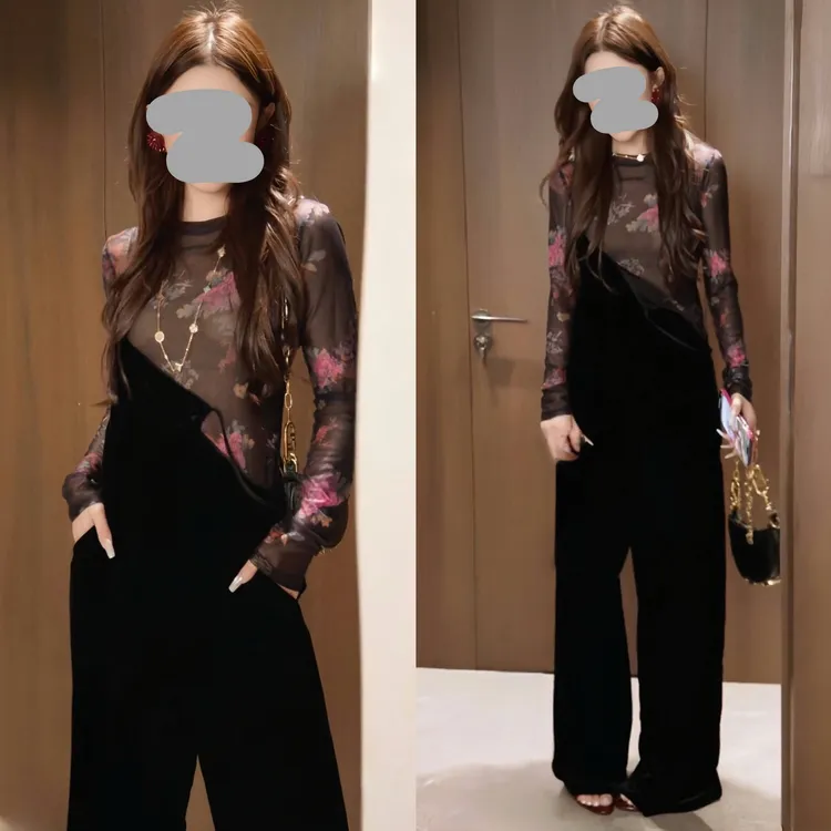 酷飒风女装高级感2025早秋国风薄款长袖上衣显瘦丝绒背带裤套装女