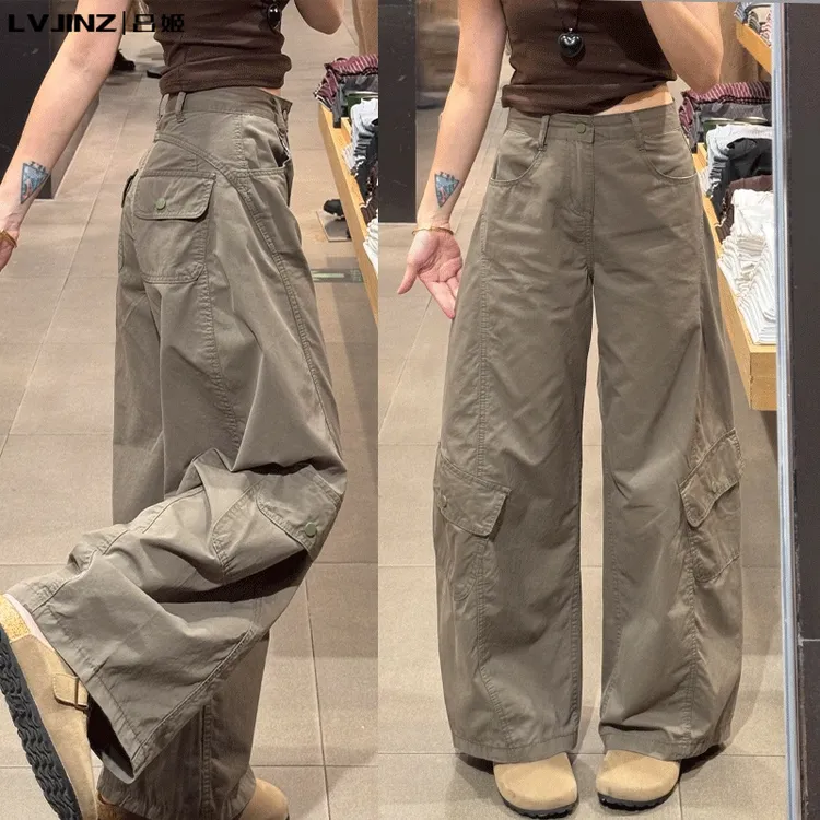 军绿色弯刀工装裤女春秋季2025新款小个子美式宽松显瘦休闲阔腿裤