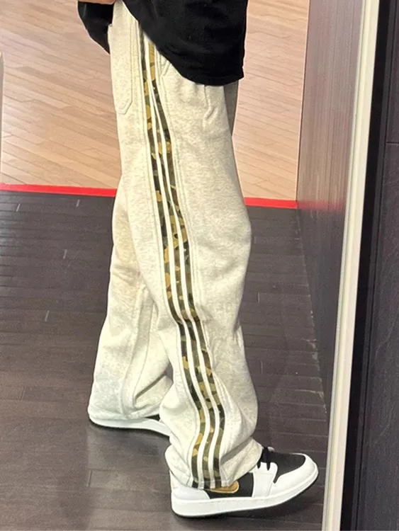 白花灰迷彩条纹裤子男美式复古重磅三条杠卫裤直筒阔腿休闲运动裤