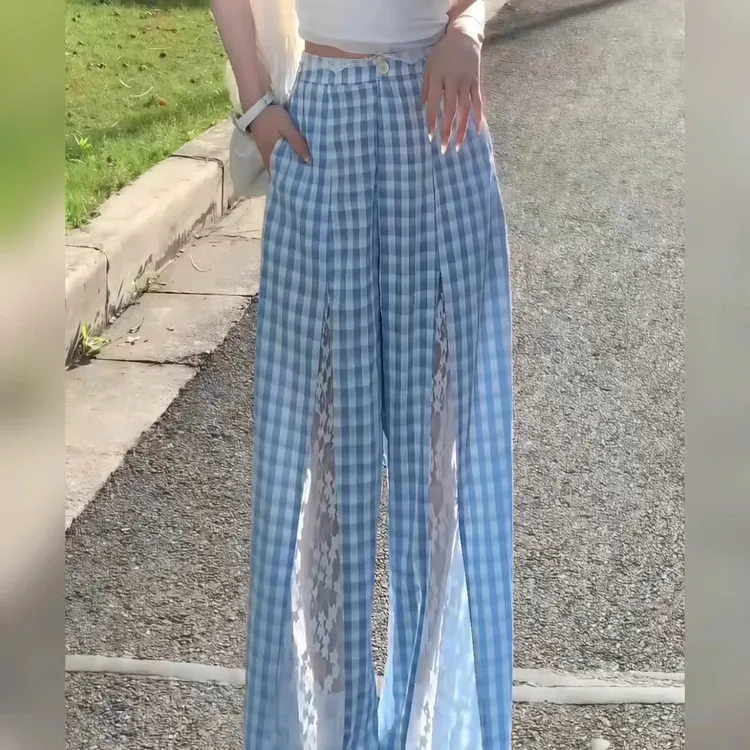 2025夏季新款蕾丝拼接蓝色格子阔腿裤女高腰显瘦宽松休闲直筒长裤