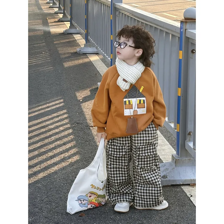 儿童秋冬加绒套装男木童加厚一体绒保暖印花卫衣格子裤子两件套XT