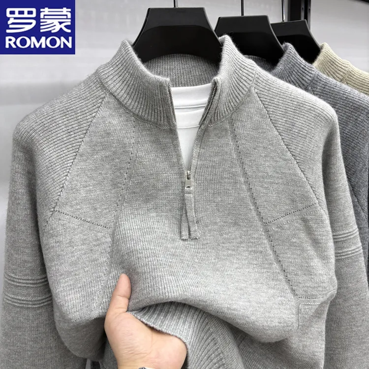 罗蒙男士秋冬季半高拉链针织毛衣复古提花针织衫厚款休闲百搭毛衣