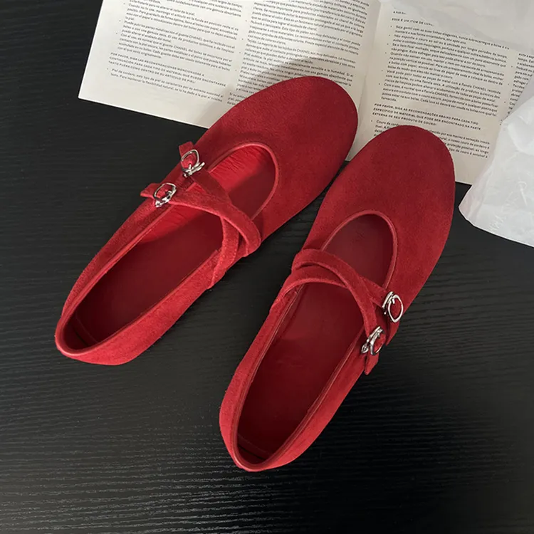 复古平底绒面玛丽珍鞋女浅口小红鞋2025春季新款交叉扣带芭蕾单鞋