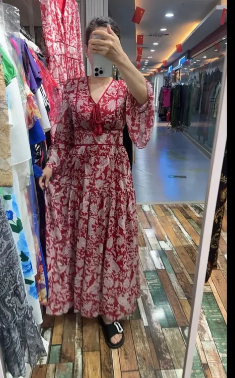 长袖民族风印花中长裙长裙连衣裙A字裙套头夏季秋季