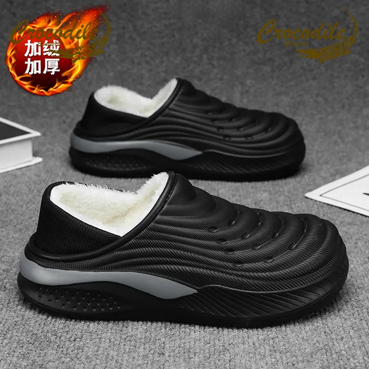 鳄鱼恤棉拖鞋男2025新款冬季外穿居家加绒加厚棉鞋冬包跟防水拖鞋