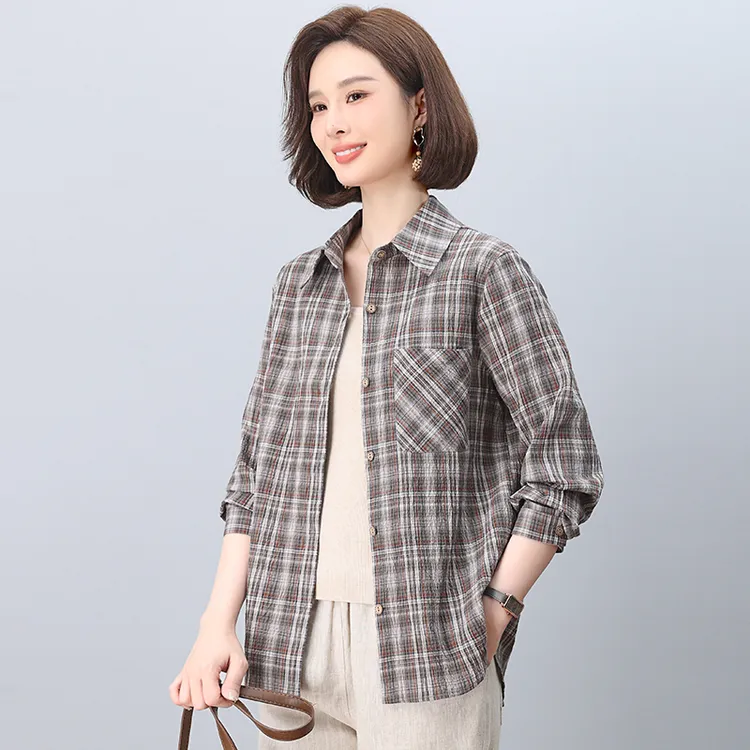 格子长袖衬衫女春秋2025新款中年妈妈宽松休闲气质减龄上衣薄外套
