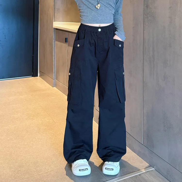 女童黑色工装裤春秋2025新款儿童秋季裤子大童女孩秋冬加绒休闲裤