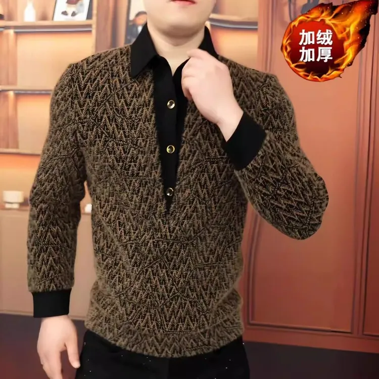 男秋冬季加绒加厚卫衣潮流2025新款休闲轻奢长袖t恤保暖翻领小衫