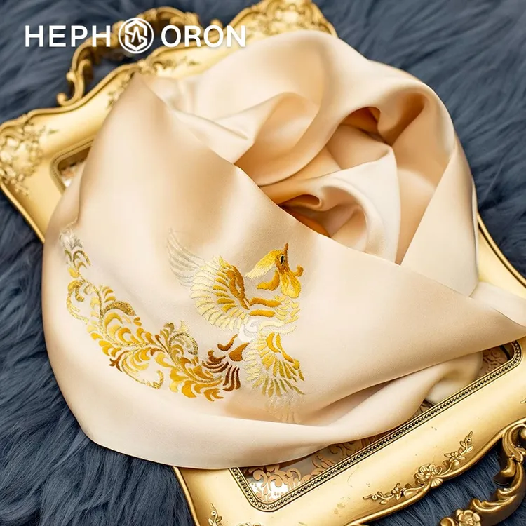 HEPHSORON苏绣丝巾礼盒妈妈款香槟刺绣气质高级桑蚕丝真丝围巾