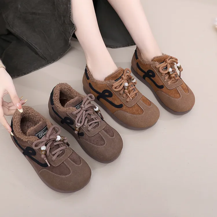 冬季新款加绒德训鞋女防滑平底阿甘鞋厚绒保暖时尚休闲百搭棉鞋女