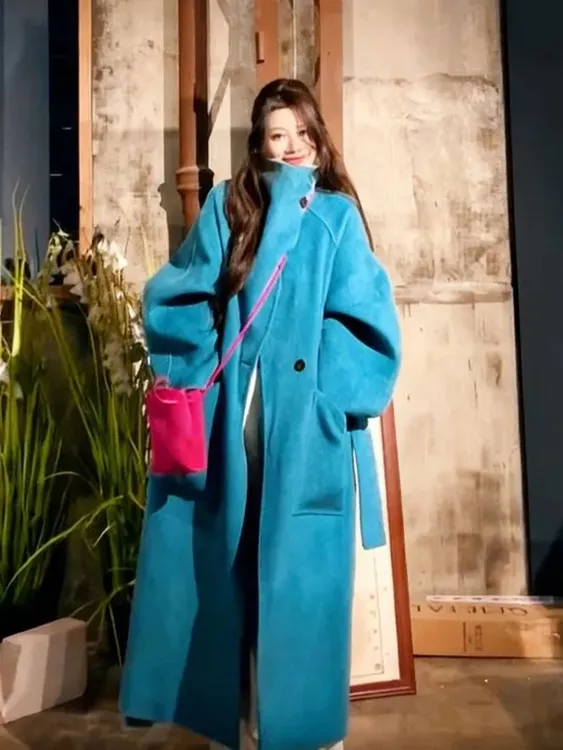 韩系立领高级感简约气质赫本毛呢大衣秋冬季蓝色淑女外套冬季新款