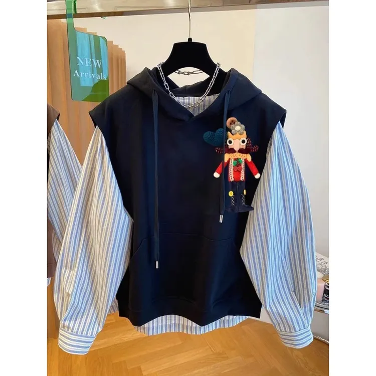 300斤特大码条纹拼接假两件卫衣初秋男女复古休闲立体玩偶连帽衫