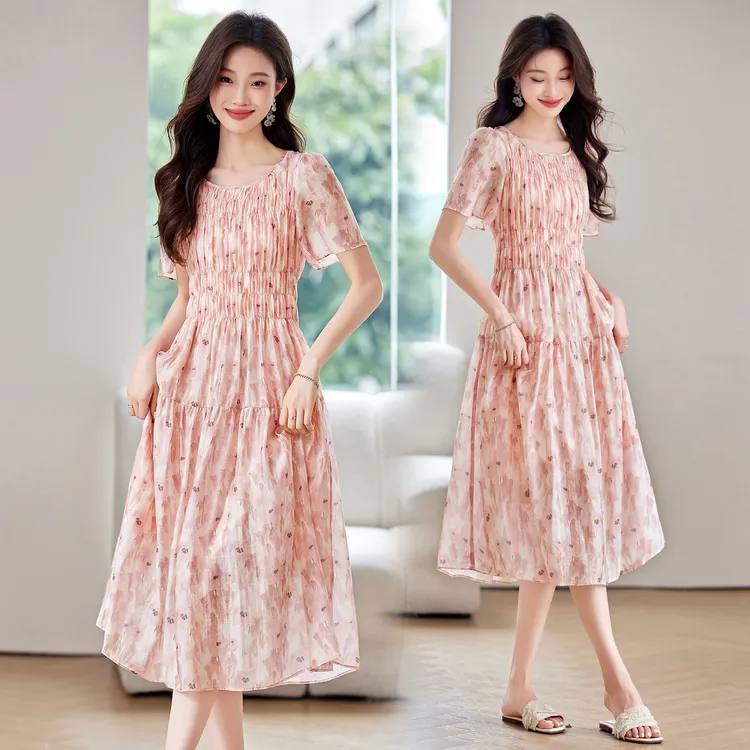 法式碎花气质连衣裙女2025夏季新款高级感收腰遮肚显瘦中长款裙子
