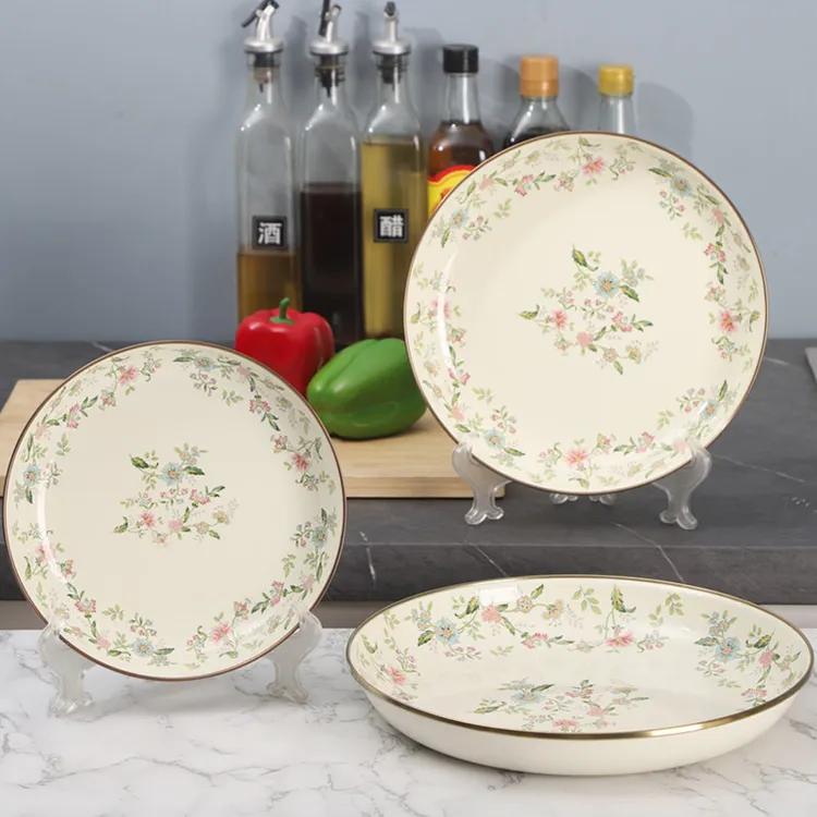 欧丽家加厚搪瓷盘金边搪瓷盘圆形搪瓷茶盘点心盘饺子盘老式家用