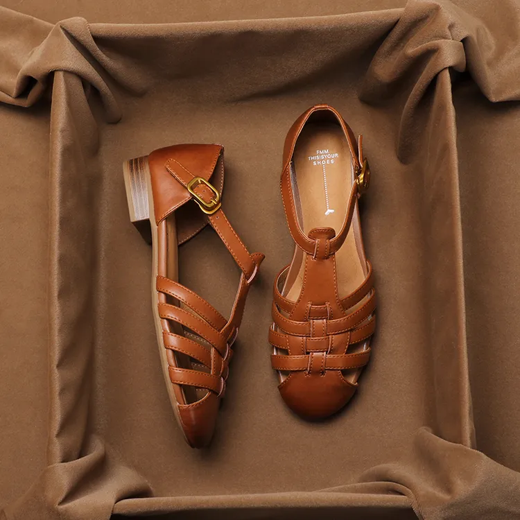 真皮包头凉鞋女2025新款夏季外穿百搭法式编织镂空平底猪笼罗马鞋