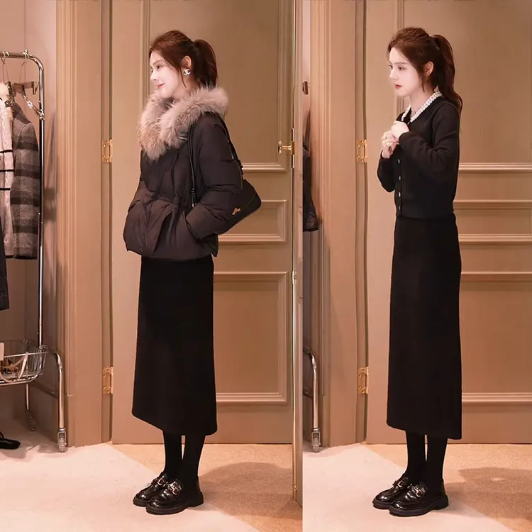 今年流行套装女2025新款百搭时尚保暖外套长袖通勤显瘦裙子三件套