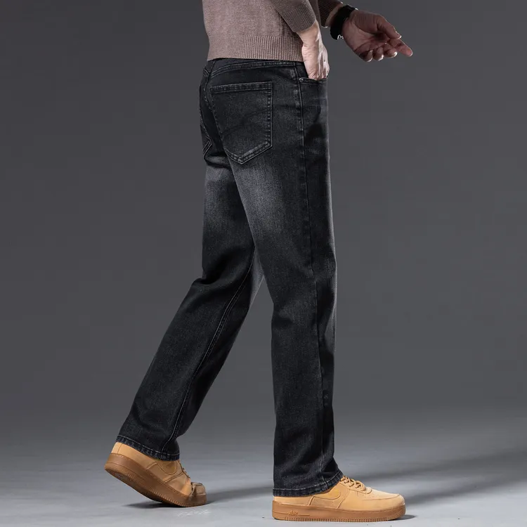 香港秋冬款烟黑色牛仔裤男士宽松直筒冬季加绒保暖商务休闲长裤子