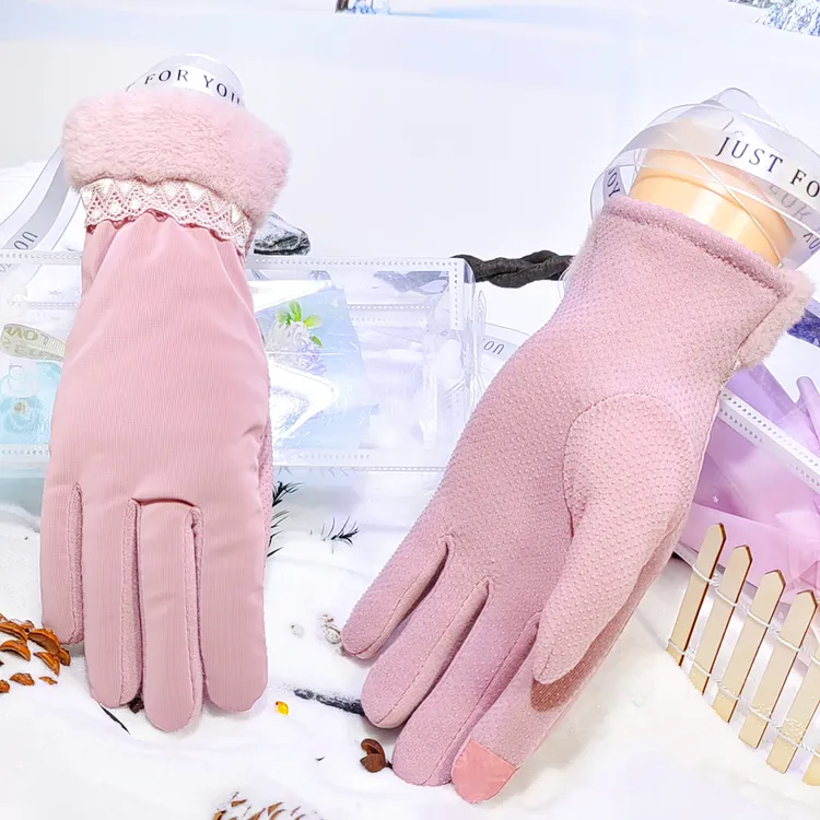 冬天手套女冬季加绒加厚毛口蕾丝花边手掌防滑骑车棉手套电动车