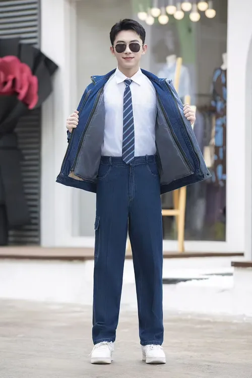 冬季加厚立领牛仔加绒工作服男焊工防烫耐磨保暖纯棉劳保棉服外套