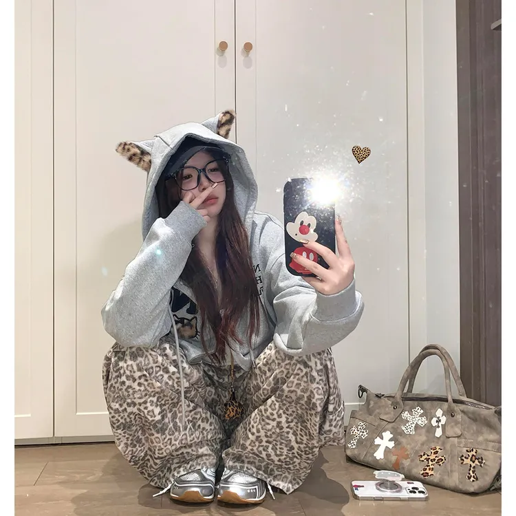 纯棉美式豹纹毛绒猫头耳朵连帽卫衣女秋冬加绒设计感刺绣上衣外套