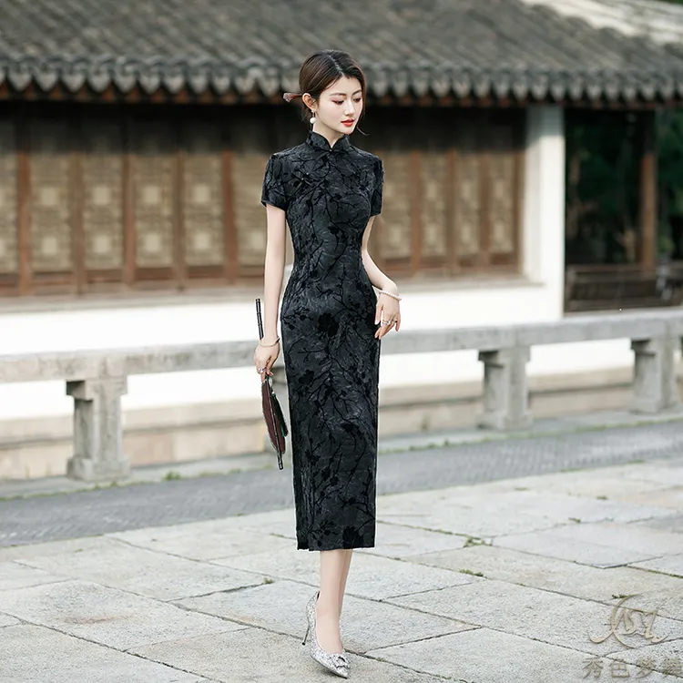 新中式植绒单层旗袍复古高档梅花印花夏款日常长款大码显瘦妈妈装