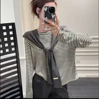 1318早秋时尚百搭圆领条纹披肩+针织衫大码两件套女显瘦长袖薄款