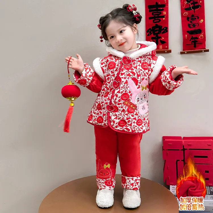 女小童加绒加厚唐装秋冬款女宝宝保暖棉衣冬装小女孩中国风拜年服