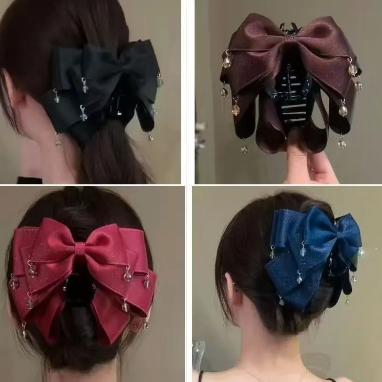 秋冬缎面水晶吊珠蝴蝶结抓夹女高级2025新款大号盘发鲨鱼夹子发饰
