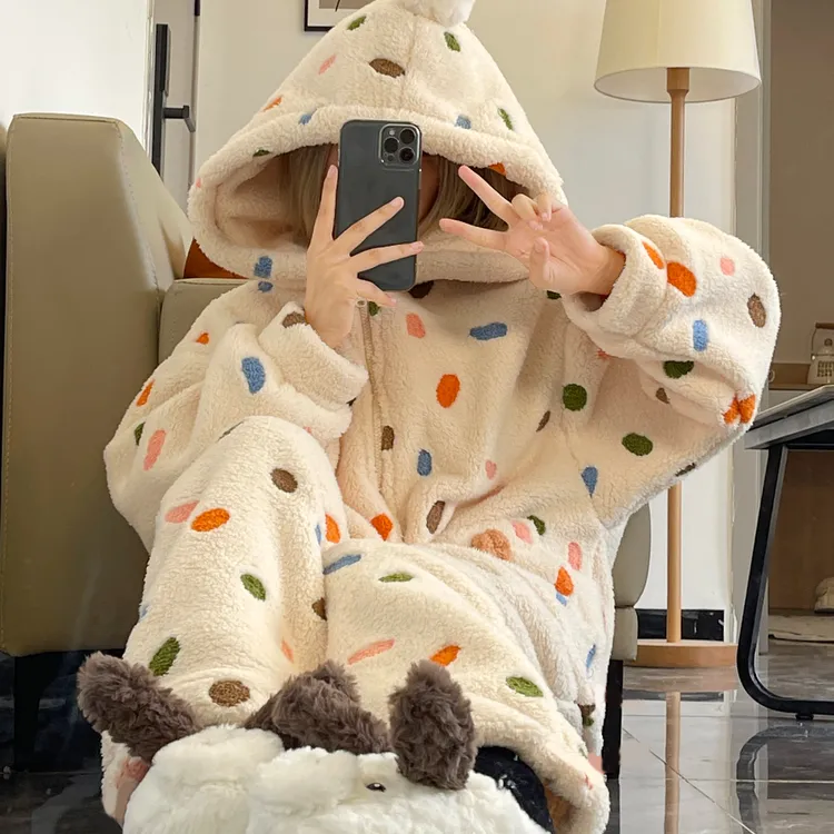 彩色圆点拉链珊瑚绒加绒加厚睡衣秋冬季女款爆款2025新款长袖长裤