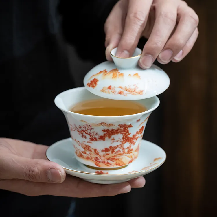 手工描金影青山水三才盖碗青瓷描泡茶碗耐热加厚功夫茶具盖杯茶杯