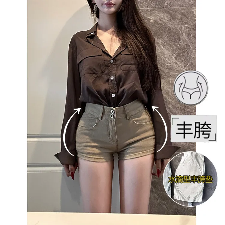 双扣丰胯牛仔短裤女2025春季新款浅卡其高腰显瘦美胯热裤蛮腰纪