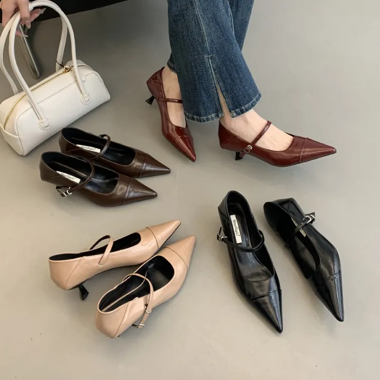 高跟新款平底气质尖头单鞋春秋仙女风矮跟细低跟软皮玛丽珍鞋