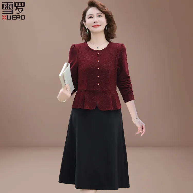 三月份喜婆婆礼服平时可穿妈妈春装婚宴假两件裙子中老年连衣裙女