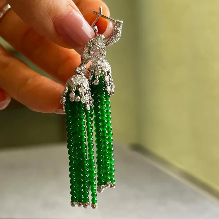 铜合金耳饰 合金耳饰 翠绿色小米珠流苏耳钉复古国风新中式耳环