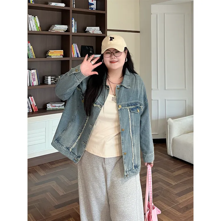 大码女装秋季百搭花契200斤胖mm美式重工炒盐做旧牛仔外套14532-X