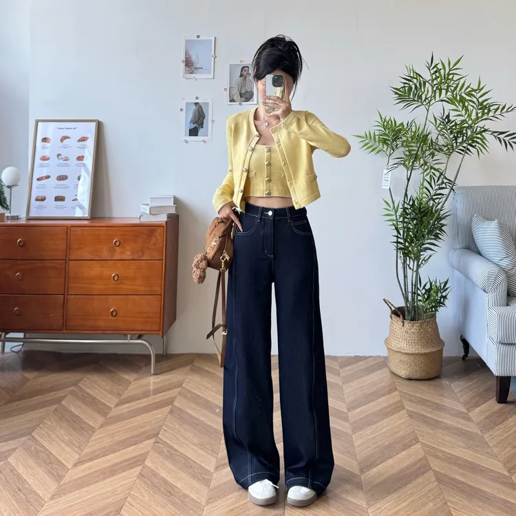 IG ONE仿牛仔高腰阔腿裤2025秋季显瘦消胯显腿直复古穿着舒服不勒