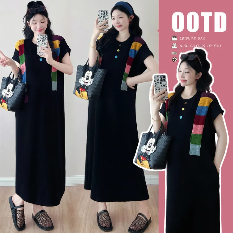 孕妇连衣裙2025夏装新品韩版圆领针织拼接设计感假两件显瘦连衣裙