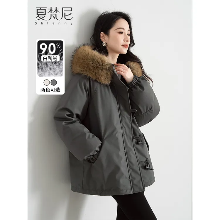 夏梵尼班尼雪顶冬季牛角扣连帽派克羽绒服百搭加厚90白鸭绒外套女